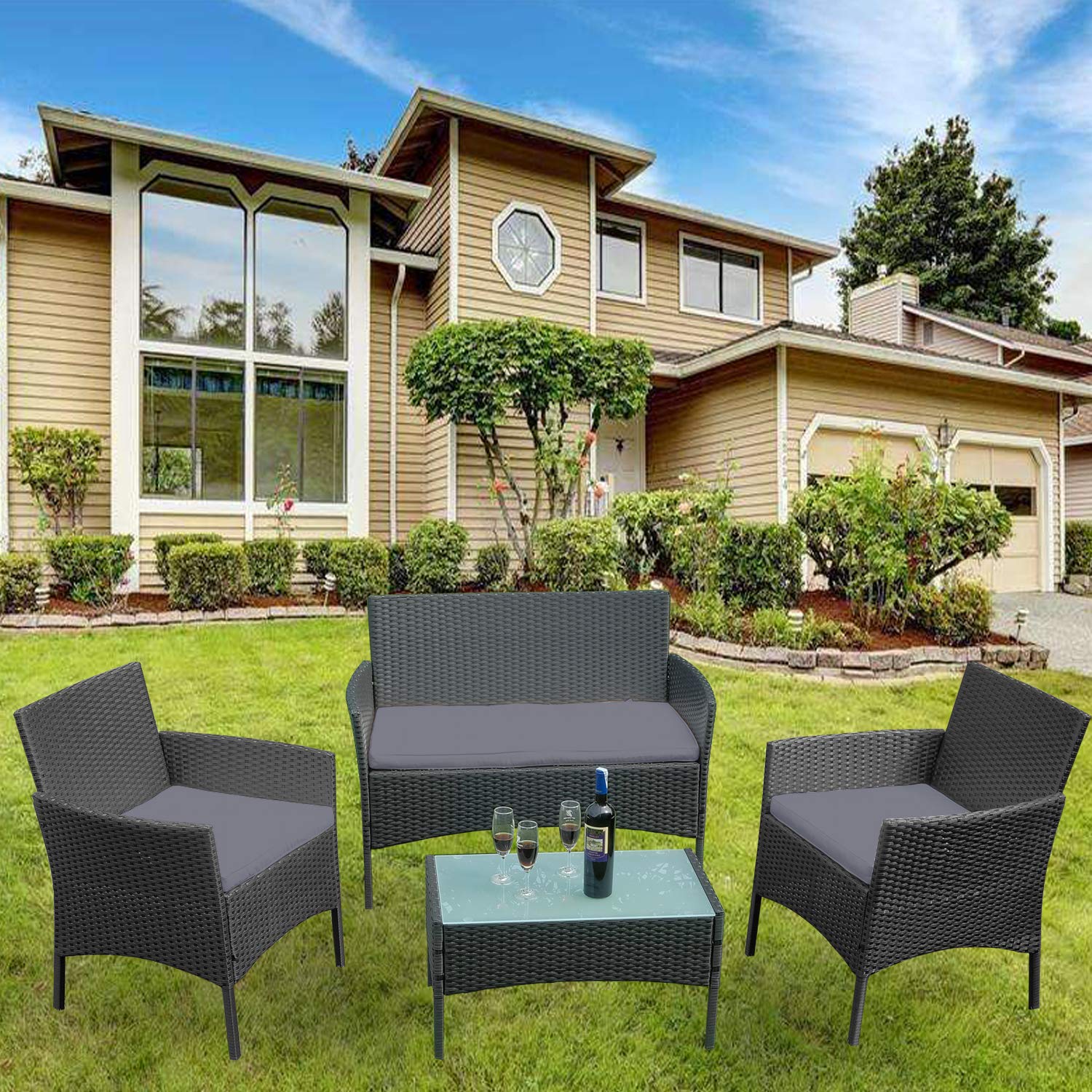 UISEBRT Balkonmöbel Set - Gartenmöbel Set Polyrattan Sitzgruppe Lounge mit 2-er Sofa, Tisch, Singlestühle und Anthrazit Sitzkissen, Schwarz – Bild 9