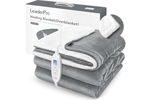 LeaderPro Manta Eléctrica 180x160 cm, 10 Niveles Temperatura｜Apagado Automático 1-9H｜Protección contra Sobrecalentamiento｜Lavable a Máquina｜para Cama, Sofá, Oficina (Gris Claro)