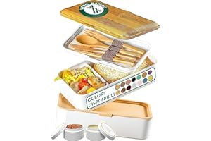 Umami Porta Pranzo Lunch Box Ermetico 4 Scomparti e Posate, Sicuro per Microonde, Lavastoviglie Portapranzo Ufficio Bento Lunchbox Prova di Perdite per Adulti Schiscetta Pranzo Blanc & Bambou, 1200 ml