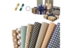 Dantolo 8 Piezas Rollo Papel Kraft Decorado, 50x70cm Papel Para Envolver Regalos, Papel Regalo Kraft con cuerda de cáñamo para Cumpleaños, Navidad, Bodas