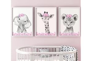 Eviepops Prints Ensemble Animaux Safari de 3 Impressions Sans Cadre pour Chambre d'enfant Fille, Décoration Chambre Posters Décoratifs Muraux, Eléphant Lion Girafe (A4)