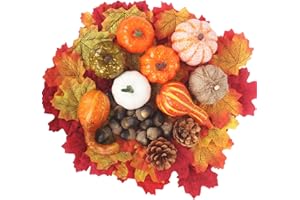 POPOYU Juego de 123 decoraciones de Acción de Gracias, decoración de otoño, calabaza artificial con calabaza cosecha, conos de pino, hojas de arce, bellotas pequeñas, boda, decoración de mesa de Halloween