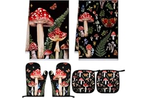Bencailor Pilz-Küchentücher, Ofenhandschuhe und Topflappen, Set mit dekorativen Geschirrtüchern, Geschirrtuch, rutschfest, hitzebeständig, Ofenhandschuhe für Sommer, Zuhause, Kochen, Backen, lebendige