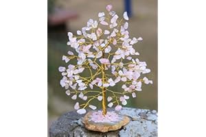 CROCON Rose Quartz Gemstone Tree Of Life - Geode Agate Slice Base, Crystal Tree for Positive Energy, Handmade Chakra Tree, Feng Shui Decor - Good Luck Money Bonsai, Healing Stones Gem Tree, Spiritual Gift