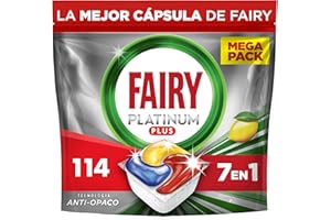 Fairy Platinum Plus Limón Cápsulas De Lavavajillas Todo En Uno, 114 Cápsulas, Nuestra Mejor Limpieza Que Deja Los Platos Como Nuevos, Elimina La Falta De Brillo Y Evita La Cal