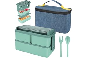 YIROCHAN Boîte à lunch de 1400 ml avec 3 compartiments - Boîte à bento à 2 couches avec sac et couverts isolés, boîte à conteneurs de préparation de repas pour adultes les étudiants pour enfants (vert)