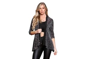H&F Girls Womens Ladies Waterfall Open Drape Long Sleeve Sparkling Glitter Shiny Sequins Laurex Cardigan Novelty Party Top Floaty Duster Coat Blazer Dress Plus Size 14-28