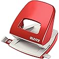 LEITZ 50080025 Office Metal Hole Punch for 30 Sheets, Stop Rail with Format Details, Ergonomic Design, Red