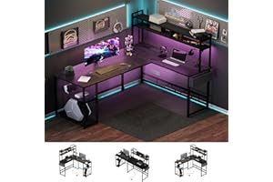 Flamaker L Shaped Gaming Desk with LED Lights & Power Strips, 120x140cm Reversible Corner Computer Desk with Storage Shelf and Hutch, Home Office Desk, Black