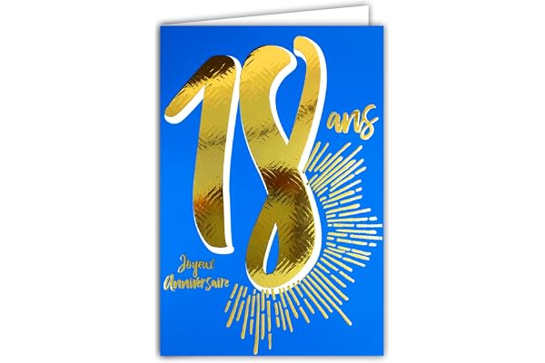 Carte Anniversaire 18 ans en Or Doré Brillant en Relief Texturé pour Jeune Majeur H/F - Texte Coloré Adapté à l’Âge à l’Intérieur - Enveloppe incluse - Fabriquée en France - ColorAges - Afie 69-2418