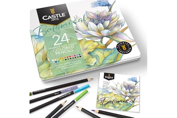 Castle Arts Lot de 24 crayons de couleur dans une boîte en étain, couleurs parfaites pour l'art botanique. Avec des noyaux de couleur lisse, une performance de mélange et de superposition supérieure