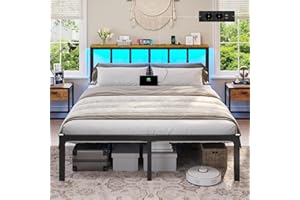 Brinlawb Cadre de lit 140 x 190 avec Sommier Métal Lit 2 Personnes avec lumières LED, Multiprise, Lit Double 140x190 cm avec Tête de Lit et Rangement, Lit 140x190cm en Métal, Marron Vintage+Noir