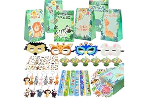 PQKL-PARTY Animal Party Bag Fillers, Jungle Party Bag Fillers Set 140Pcs, Safar Party Bags, Bulk Toys Keychain Bracelet Wildlife Mask Temporary Tattoo Sticker Etc Prefilled Party Bags For Kids Party Supplies