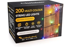 CHRISTOW Christmas Fairy Lights Battery Operated, Multi-Coloured LED String Lighting with Timer, Indoor & Outdoor, 8 Light Modes Flashing & Static, Green Cable (200 LED / 20m Lit Length)