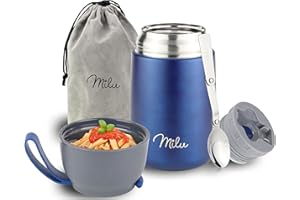 Milu Boîtes Alimentaires Isothermes 450ml I 650ml I 800ml, Boîte Isotherme Repas Chaud Porte-Aliments en Acier Inoxydable à Double Couche, Cuillère Pliante pour Ecole, Bureau (650ml/Bleu marine)