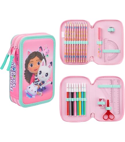 Trousse Scolaire GABBY'S DOLLHOUSE PARTY - Double Compartiment - Enfant Rose - Polyester Résistant