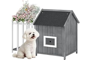PawHut Niche pour Chien extérieur en Bois, avec terrasse et barrière, Maison Chien extérieur, Porte à lamelles et Toit Pointu en Bitume, pour Jardin, Cours, Veranda, Patio,106 x 62,5 x 80,5 cm, Gris