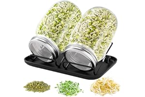 FoiiLiio Sprossen Keimglas 2er Set keimgläser für Sprossenglas Sprouting jar mit 1 Schwarz Wasserschale 2 Filtergitterabdeckungen aus Edelstahl 304 und 2 Ständer für Alfalfa Brokkoli Mungobohnen