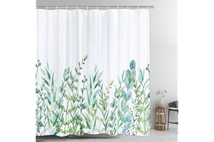 Alishomtll Cortina de ducha con 12 ganchos, hojas, lavable, textil, antimoho, bañera, impresión digital, 180 x 200 cm, color blanco y verde