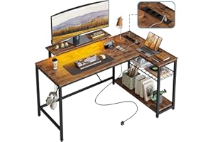 Bestier Scrivania Angolare a Forma di L con LED e Prese – Scrivania Reversibile 132 cm con Ripiani, Ideale per Ufficio, Studio e Gaming