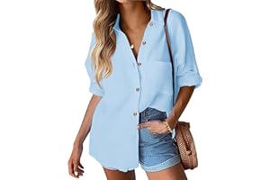 Hotouch Damska koszula rekreacyjna bluzka bawełniana koszulka z długim rękawem elegancka bluzka koszulowa z guzikami, dekolt w serek, na co dzień, do pracy