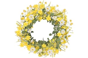LIPJISL Künstliche Türkranz Gelb Blumenkranz Sommer Deko Wandkranz Daisy Dekokranz Tür Hängen Kranz Groß für Tür Party Fenster Wand Kamin Dekoration 60cm