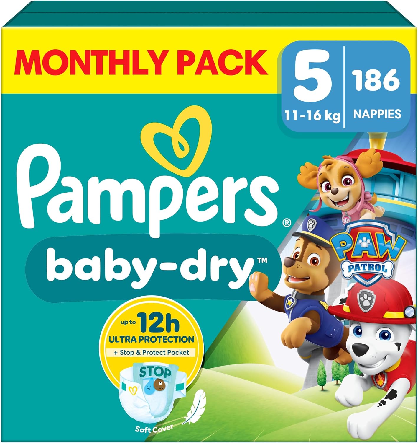 Pampers Baby-Dry Paw Patrol Edition Size 5, 186 Nappies, 11kg-16kg, Monthly Pack, Up to a 100% Leak-Free & Comfortable Night