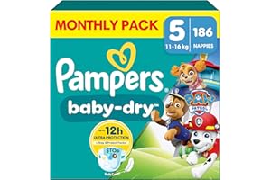 Pampers Baby-Dry Paw Patrol Edition Size 5, 186 Nappies, 11kg-16kg, Monthly Pack, Up to a 100% Leak-Free & Comfortable Night