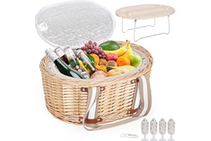 Zettfuly Picknickkorb-Set für 4 Personen – Isolierter Weidenkorb mit klappbarem Weintisch, Picknickset mit Innenfutter für Paare, Camping, Outdoor, Valentinstag (Kirsche)