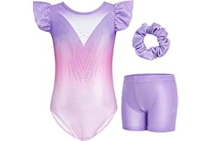 Gogokids Ensemble de Gymnastique à Manches Volantées pour Filles, 3 Pièces Justaucorps de Gymnastique pour Enfants avec Design à Paillettes Dégradées, Costumes de Gymnastique pour 3-12 Ans