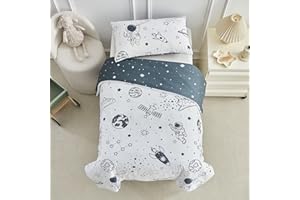 DuShow White Space Cot Bed Duvet Cover Set,Toddler Bedding Set For Boys,Flower Toddler Cot Bed Duvet Cover and Pillows Set-120 x 150