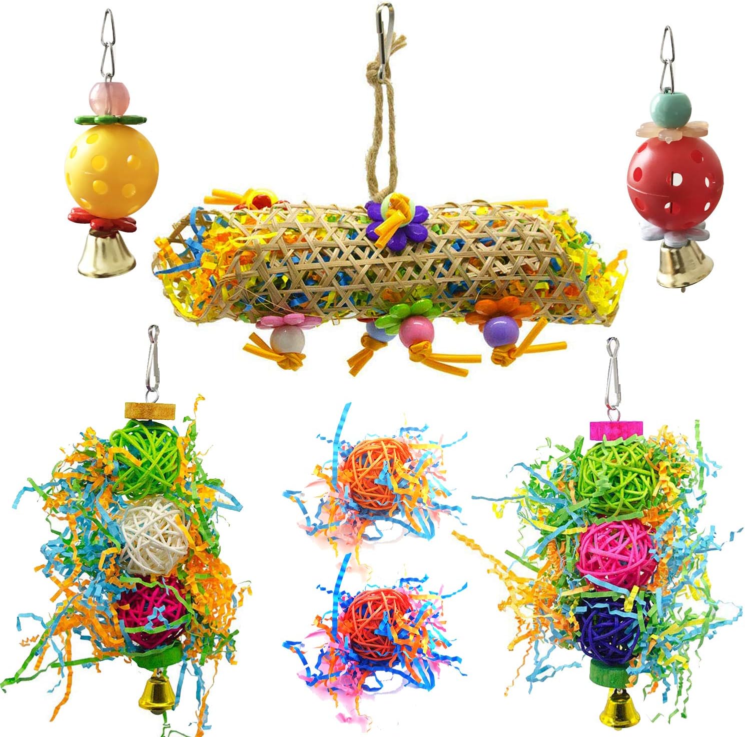 Allazone 7 PCS Bird Chewing Toys, 3 Pack Bird Cage Toys Swing Chewing Hanging Parrot Perches, 2 PCS Bell and 2 PCS Foot Catch Ball for Small Parrots, Macaws, Parakeets, Conures, Cockatiels