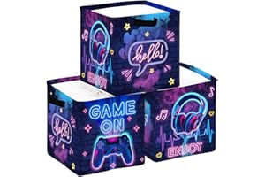 HUUMONSS Boîtes de Rangement Lot de 3 Panneau Néon Gamer Paniers de Rangement Cube Contrôleur de Jeu Casque LED Enfant Pliables Coffre à Jouets Garçons Filles pour Étagères Livres,Colorée,30x30x30 cm