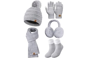 Svanco Cappello Beanie Sciarpa Guanti Set Donna Inverno Caldo 5 Pezzi Set Cappello con Foderato in Pile Sciarpa Lunga Maglia Guanti Touchscreen Paraorecchie Calzino 5 in 1 Set Termico Per Signore
