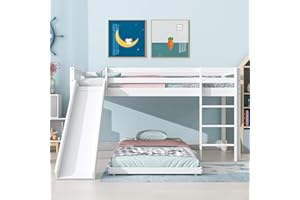 Merax Bunk Bed for Kids with Adjustable Ladder and Slide, Children's Cabin Bed with Adjustable Lower Level, White Wood Loft Frame, No Mattress (190x90cm+200x90cm)