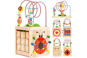 MAYCOLY Motorikwürfel Montessori Holzspielzeug für Kinder Holz-Aktivitätswürfel Montessori-Spiele Vorschulerziehung Abakus Perlenring Spielzeug für Einjähriges Mädchen Junge