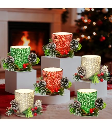 Kandelaars voor kersttafel middenstuk: Romadedi Set van 6 Glazen Kerst Theelichthouders voor Decoraties Tafel Middenstuk Xmas Ornamenten voor Diner Venster Kaarsenhouder Gift