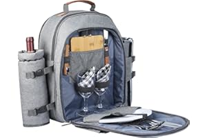 Sunflora Sac à Dos de Pique-Nique isolé pour 2 Personnes avec Compartiment glacière, Pochette à vin, Couverture et Ensemble de Couverts en Acier Inoxydable (Gris)