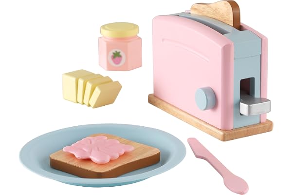 KidKraft Ensemble Grille-Pain Pastel en Bois, Accessoire Cuisine Enfant, Kit de Ustensile Cuisine Électroménager, Accessoire pour Dinette, Jouet Enfant dès 3 Ans, 63374