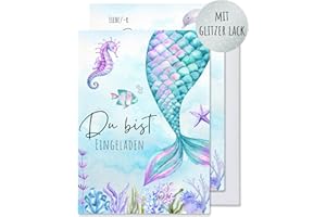 ‎GENERISCH Generisch 12x EINLADUNGSKARTEN + passende Umschläge für Mädchen Kindergeburtstag - süße Glitzer Karten Set mit Meerjungfrau Motiv