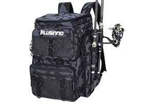 PLUSINNO Angelrucksack mit Rutenhaltern,wasserabweisend,für Angelausrüstung,Angelausrüstung für Angeln,Camping,Wandern,Angeln,Geschenke für Männer,Vater,Schwarz Camo