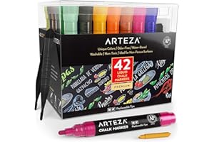 ARTEZA Liquid Chalk Pens, 42 Unique Colours, Includes 50 Chalkboard Labels and Replaceable Tips, Water-Soluble Chalk Pens for Blackboards and Windows