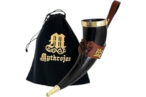 Mythrojan Medieval Drinking Horn 100% Natural Authentic Viking Norse Horn with Free Brown Leather Holster, Canvas Bag for Wine, Beer Mead Ale, Perfect for Cosplay, LARP, Medieval Events - 350 ml