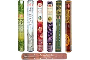 HEM Incense Sticks - 6 unique and premium flavours - Patchouli, White Sage, Precious Rose, Precious Lavender, Egyptian Jasmine and Sandalwood with SAMASIA incense holder