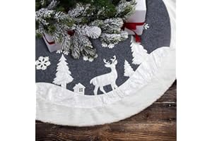 COMOYA LLG Christmas Tree Skirt, White-Grey, Round Christmas Tree Skirt, Christmas Tree Decoration, Holiday Decoration, Christmas Tree Skirt, 122 cm, Deer and Snowflake