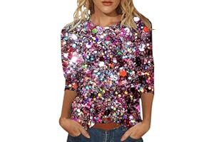 ACHIMLT Pailletten Oberteil Damen Glitzer Pullover 3/4 Arm Shirt Casual Rundhals Langarmshirt Baumwolle T-Shirt Elegant Sexy Silvester Outfit Große Größen Langarm Tunika Karneval Party Festliche Blusen