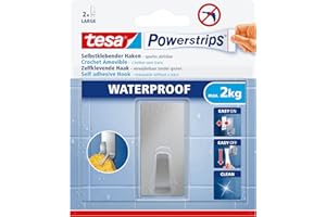 tesa Powerstrips Haken Waterproof L Metall eckig - selbstklebender Wandhaken für Küche und Bad, groß - Handtuchhaken aus Edelstahl, silber matt - belastbar bis zu 2 kg, 1 Stück,