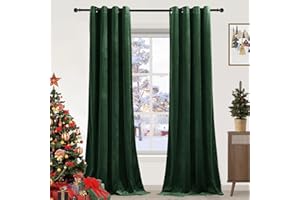 PONY DANCE Dark Green Velvet Curtains - Thermal Eyelet Blackout Curtains Soundproof & Room Darkening Window Treatment for Living Room/Bedroom, 52x84 Inch