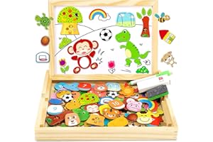 Jojoin Wooden Magnetic Puzzle, 110 PCS Magnetic Board Puzzle Games, Sports Theme Animal Pattern, Double Sided Jigsaw, Drawing Easel Blackboard Educational Wood Toys Gift for Boys Girls Kids 3+
