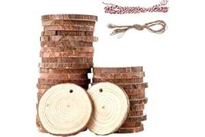 HAOYULUO 40 pcs Rondin De Bois Deco 5-6cm，Tranche De Bois de Brut Naturel，Livré avec 2 cordes en coton，Rondin De Bois Perforé，pour le bricolage, l'artisanat, les mariages, les décorations de vacances (5-6CM)